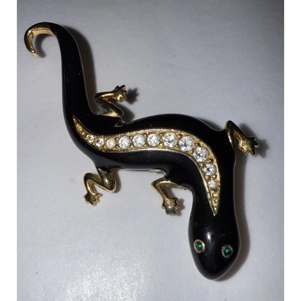 Lizard Gecko Salamander Enamel Rhinestones AVON Vintage Gold Brooch Pin Black